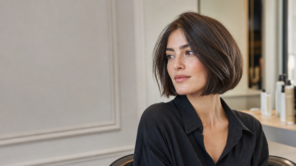 Femme portant un bob lisse à la ligne nette dans une ambiance éditoriale lumineuse