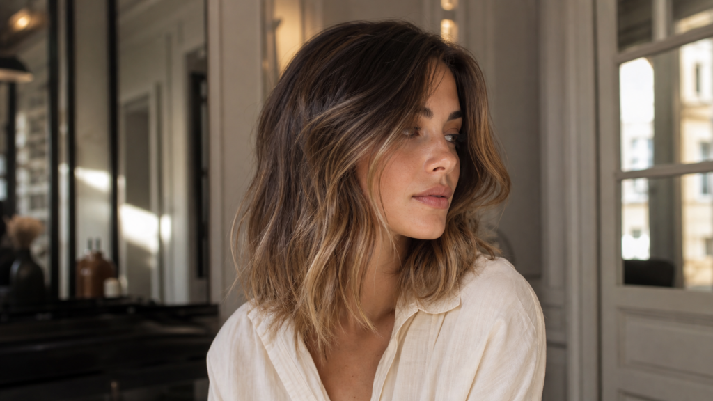 Chevelure brun beige lumineuse avec reflets fondus et brillance naturelle