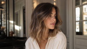 Chevelure brun beige lumineuse avec reflets fondus et brillance naturelle